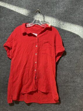 Lola River Shirt Womens Large Red Crinkle Cotton Button Up Tunic Top Casual